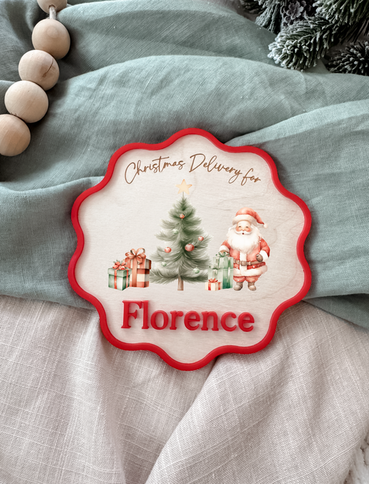 Custom holiday plaque featuring bear and Christmas tree print with scalloped red border
