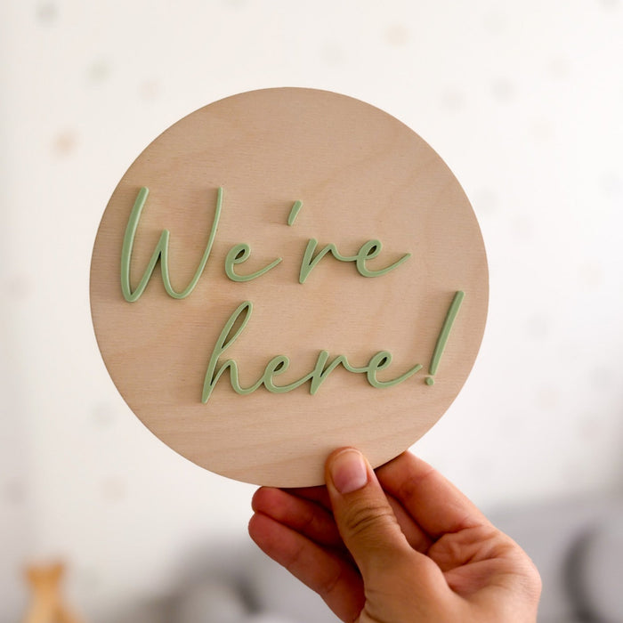 Wooden "We're Here" Twins Birth Announcement Plaque