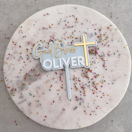 Personalised Confirmation Cake Topper with Gold cross and script writing stating God Bless