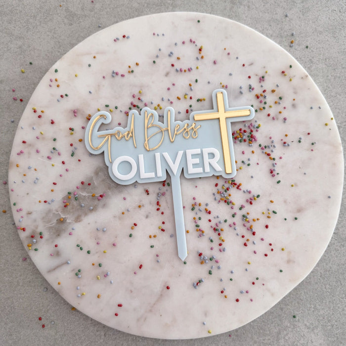 Personalised Confirmation Cake Topper with Gold cross and script writing stating God Bless
