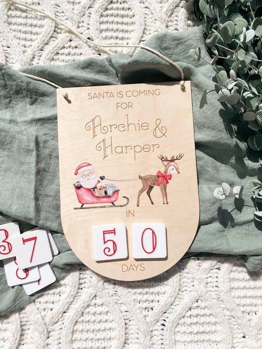 Personalised Christmas Countdown Counter with names of kids and santa and reindeer