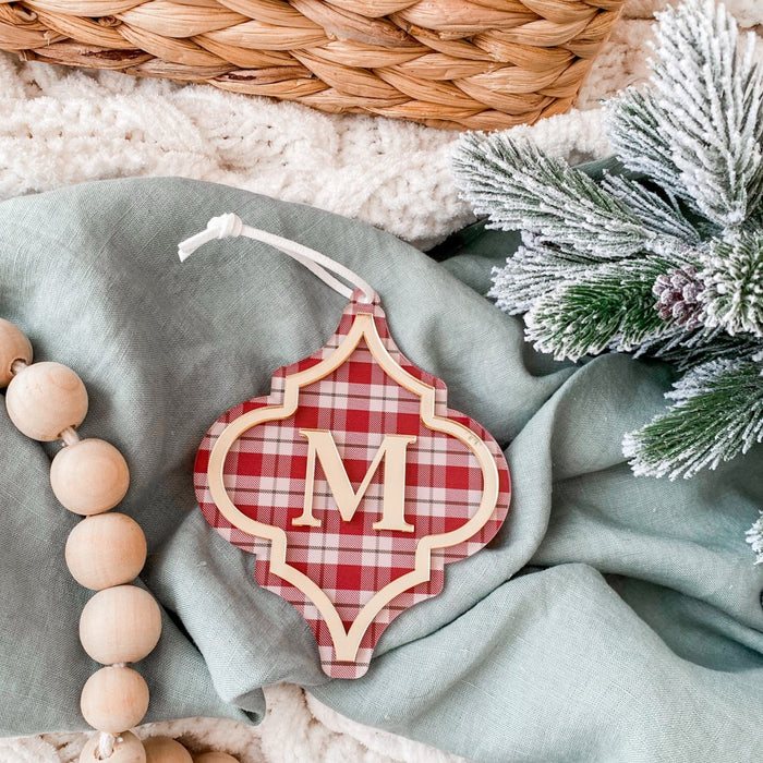 Personalised Plaid Christmas Bauble with Initial