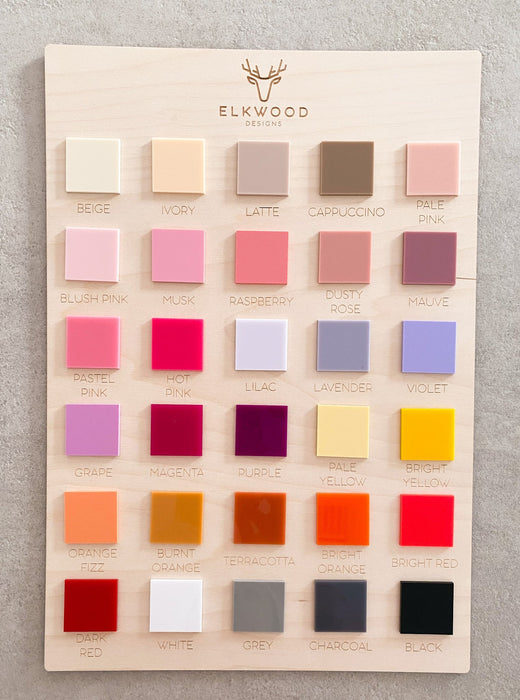 A board showing a selection of colours for our cake toppers