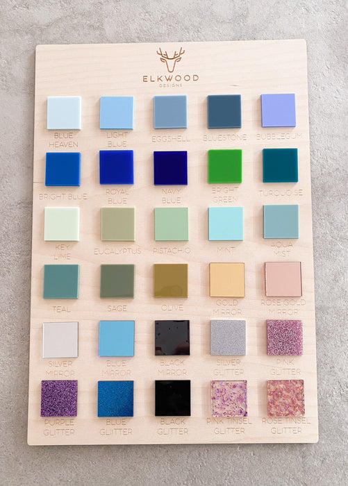 A board showing cake topper design colours you can choose from to personalise your cake topper designs