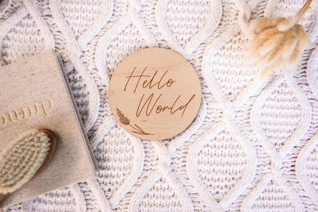 Wooden Engraved Hello World Birth Announcement Plaque