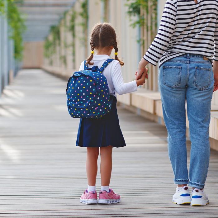 Child with a polka dot backpack holding her mums hand as she prepared to walk into school on her first day of school