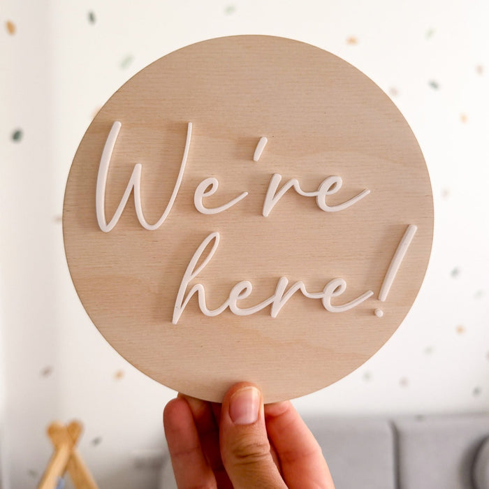 Wooden "We're Here" twins Brith Announcement Plaque