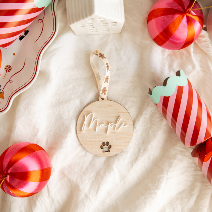 Personalised Dog Christmas Ornament, Wood and Acrylic Pet Name Bauble