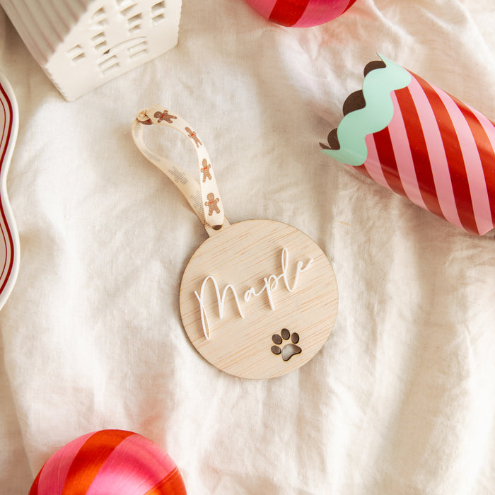 Personalised Dog Christmas Ornament, Wood and Acrylic Pet Name Bauble