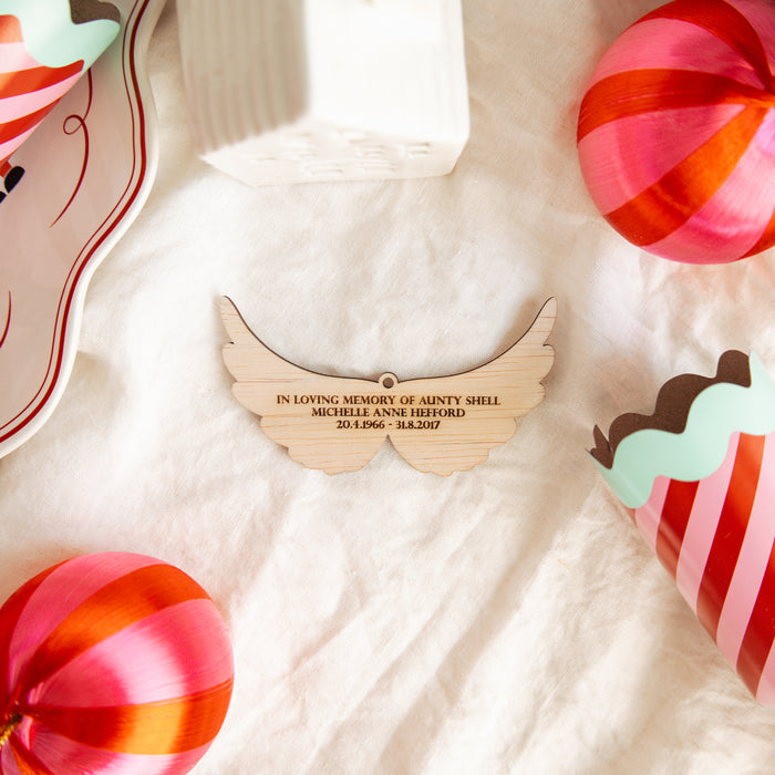 Personalised Memorial Engraved Angels Wings Wooden Ornament