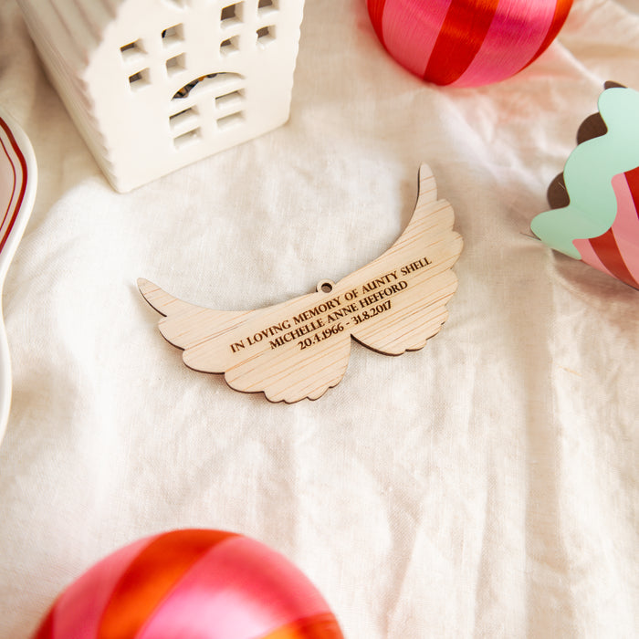 Personalised Memorial Engraved Angels Wings Wooden Ornament