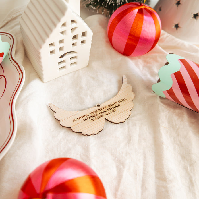 Personalised Memorial Engraved Angels Wings Wooden Ornament