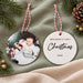 Front and back of the ceramic bauble, with the baby photo on one side and Benjamin's First Christmas 2026 on the other