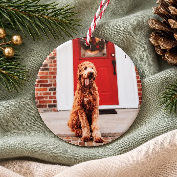 Pet memorial ornament in glossy white ceramic with a photo of a fluffy apricot dog sitting by a red front door