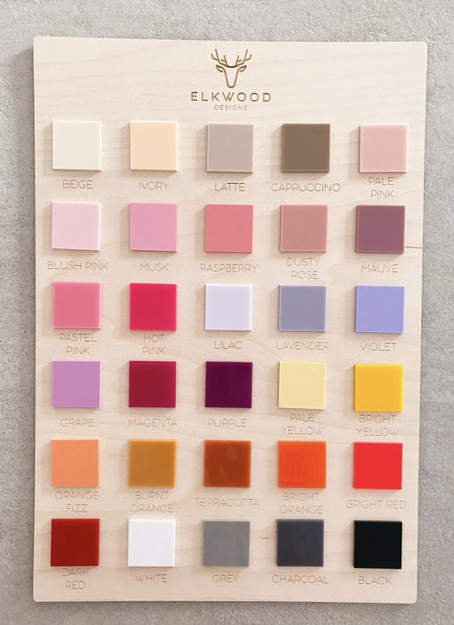 Acrylic colour chart, part 1 of 2, showing the colour options for your personalisation